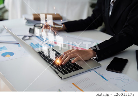 Businessman using a computer analysis for process and workflow automation with flowchart 120013178