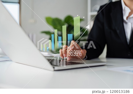 Business woman analyze financial data chart trading, investing in stock markets, funds and digital assets, Business finance technology and investment concept 120013186