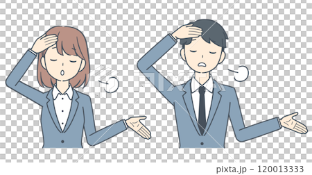 A businessman and a businesswoman sighing with an exasperated look 120013333