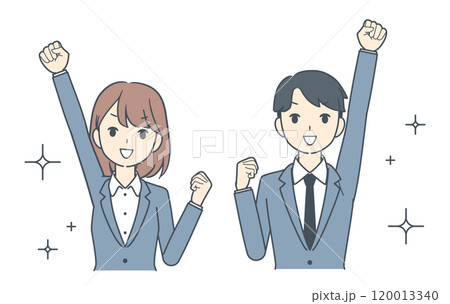 拳を突き上げてガッツポーズをするビジネスマンとビジネスウーマン 120013340