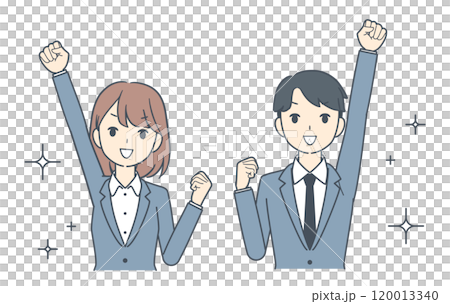 拳を突き上げてガッツポーズをするビジネスマンとビジネスウーマン 120013340