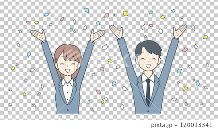 Two business people rejoicing with confetti, upper body 120013341