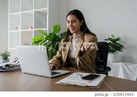 business woman entrepreneur in office using laptop at work, smiling professional female company executive wearing suit working on computer at workplace 120013403