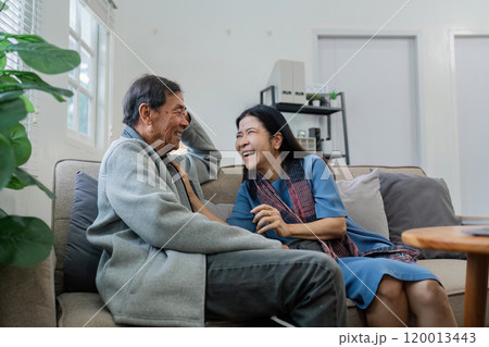 Older couples sit and chat and head over each other relaxed and happy on sofa at home on weekday in comfortable 120013443