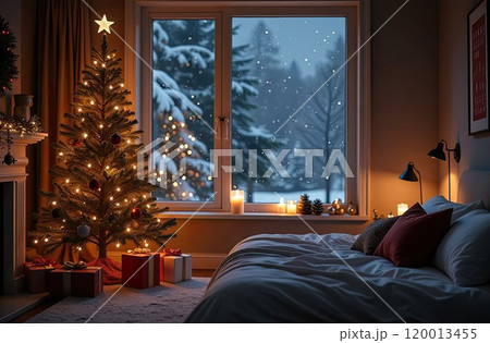 Cozy bedroom with a bed by window with Christmas decor and a Christmas tree and warm light garlands and candles - inside view in winter and snow. Celebrate Christmas and New Year, Christmas mood. AI 120013455