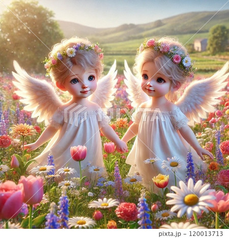 花に囲まれている双子の天使のイラスト素材 [120013713] - PIXTA