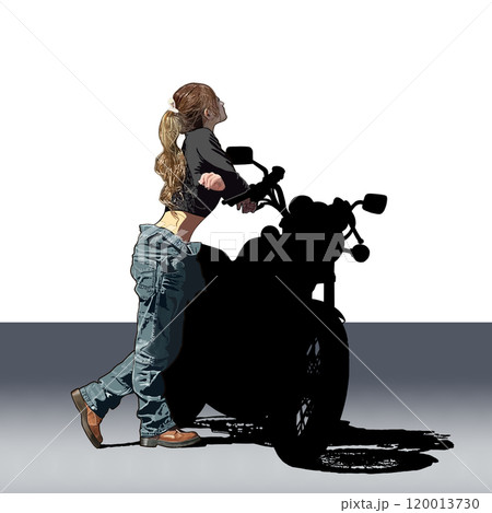 黒背景に置いてあるバイクに乗った女性 120013730