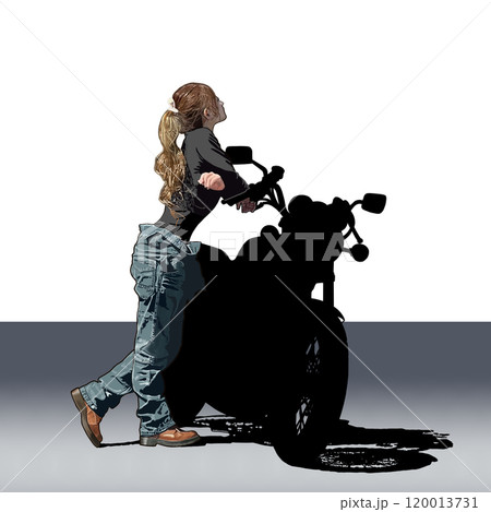 黒背景に置いてあるバイクに乗った女性 120013731