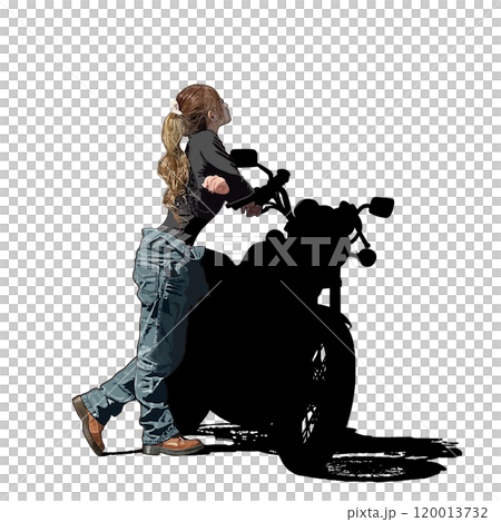 A woman riding a motorcycle on a black background A woman riding a motorcycle on a black background 120013732