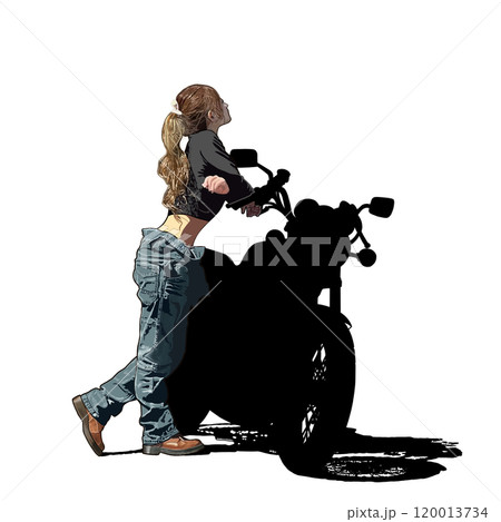 黒背景に置いてあるバイクに乗った女性 120013734