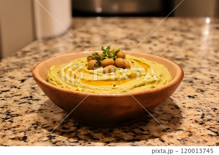 Creamy hummus with olive oil, paprika, and chickpeas in a rustic bowl on a warm kitchen countertop 120013745