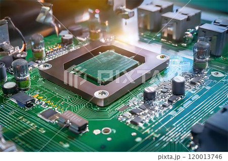 Close-up image of surface mounting technology (SMT) components like microchips, resistors, and capacitors on a printed circuit board (PCB) in an advanced high-tech manufacturing environment 120013746