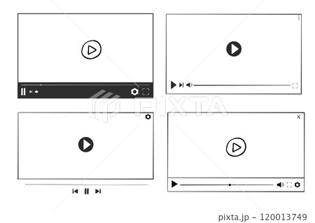 Video player display frame, line doodle bar with buttons, progress line, sound. Hand drawn border, media window. Panel icon, 120013749