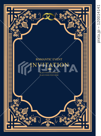 Elegant wedding invitation template featuring floral ornaments and golden rings 120014141