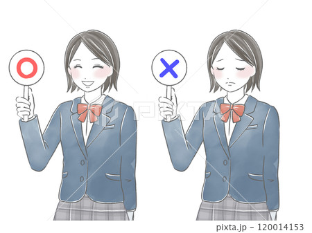 ○×のプレートを持っている女子学生の水彩風イラスト 120014153