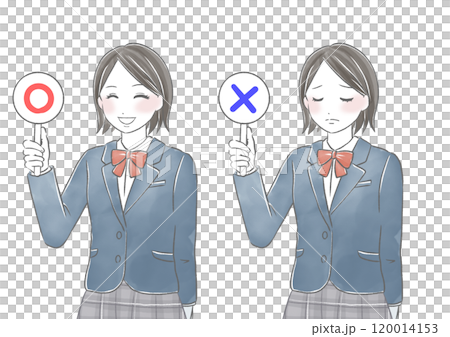 Watercolor illustration of a female student holding a true or false plate 120014153
