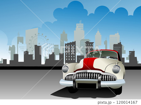 Classic american car parked in the city with ferris wheel and skyscrapers in background 120014167