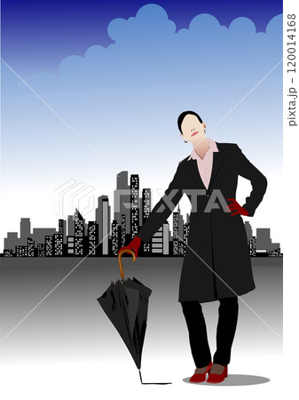 Businesswoman holding umbrella standing in front of city skyline 120014168