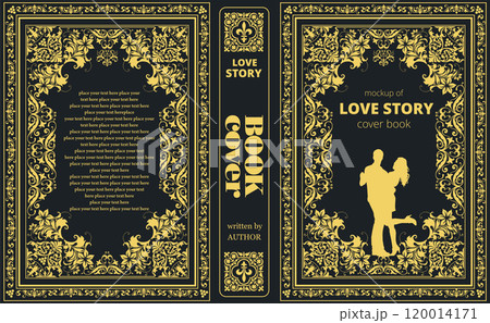 Golden floral frame featuring a couple dancing for love story book cover Golden floral frame featuring a couple dancing for love story book cover 120014171