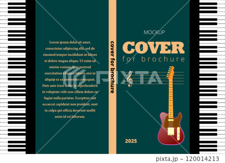 Cover for music brochure featuring electric guitar and piano keys 120014213