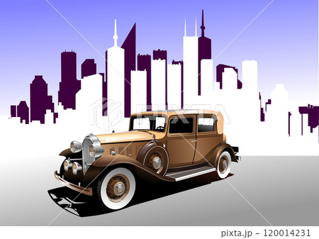 Vintage brown limousine car parking in the city center Vintage brown limousine car parking in the city center 120014231