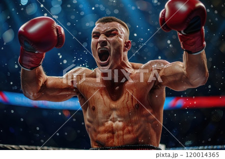 A boxer is in the ring with his hands up in the air 120014365