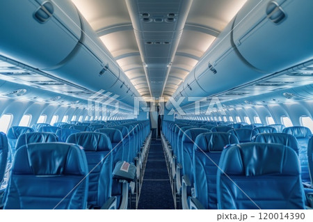 The inside of an airplane is empty and mostly blue 120014390