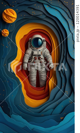 A colorful paper cutout of a man in a spacesuit standing in front of a colorful 120014391