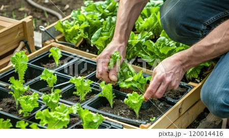 A man is planting lettuce in a garden 120014416