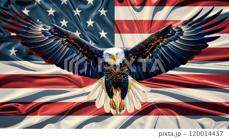 A large eagle is flying over a red, white, and blue American flag 120014437