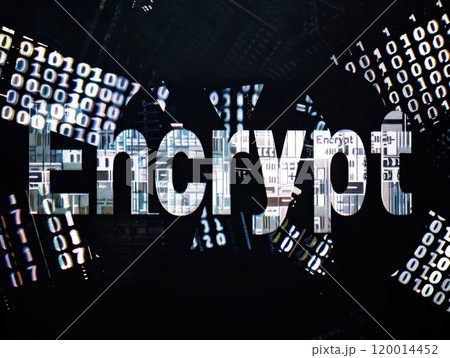 A black and white image of a city with the word Encrypt written in white. The image has a futuristic and mysterious vibe, with the cityscape 120014452