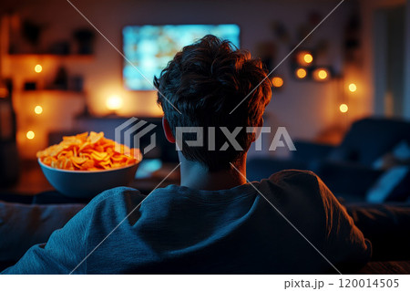 Bowl of potato chips in front of TV screen. Watching television at home. Generative AI 120014505