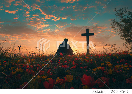 Contemplative Man in Flower Meadow at Sunrise with Cross Symbolizing Easter Serenity and Reflection. Contemplative Man in Flower Meadow at Sunrise with Cross Symbolizing Easter Serenity and Reflection. 120014507