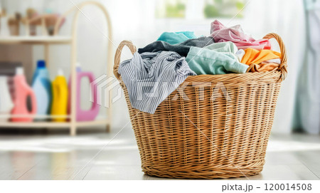 A wicker laundry basket filled with freshly washed clothes beside a modern washing machine in a bright, clean laundry room A wicker laundry basket filled with freshly washed clothes beside a modern washing machine in a bright, clean laundry room 120014508
