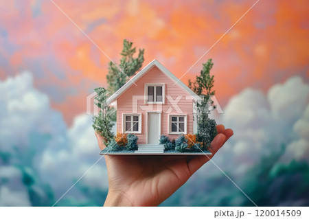 Hand holding 3d house model against cloudy sky background. Conceptual home ownership in open hands. Hand holding 3d house model against cloudy sky background. Conceptual home ownership in open hands. 120014509