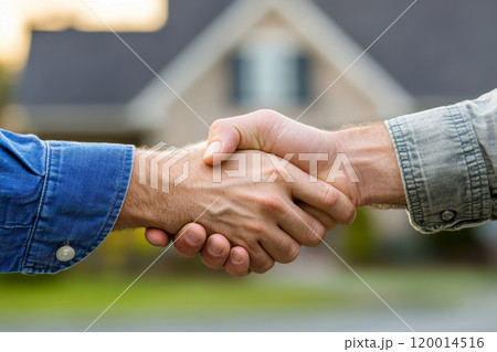 Contractor and homeowner finalize agreement with handshake for home renovation project. symbolizing trust and partnership in home building 120014516