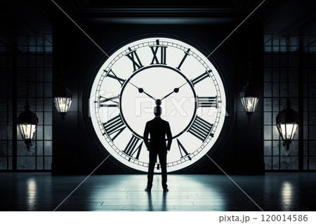 a man in a business suit standing in front of clock time, deadline and time management concept. 120014586