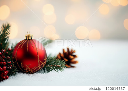 Christmas and new year winter background with snow and blurred bokeh and pine tree branches with copy text space 120014587