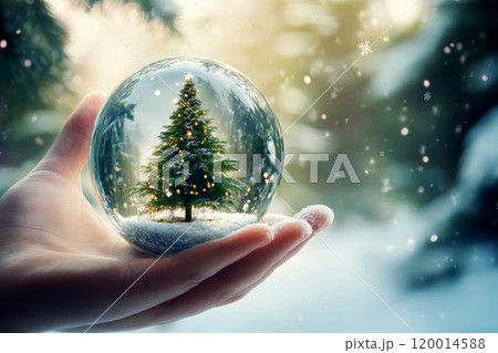 woman hold in hands glass transparent round ball with decorated Christmas tree . Christmas Celebration concept. 120014588