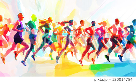 Dynamic illustration of runners in vibrant colors, showcasing movement and athleticism against a colorful abstract background. 120014784