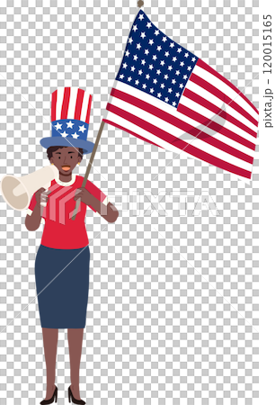 African American Woman Holding American Flag with Megaphone for Independence Day and Patriotism 120015165