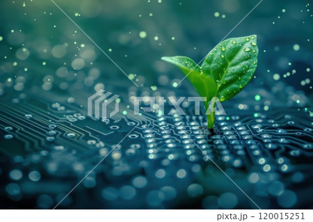 Small plant on circuit board, technology and sustainability concept. 120015251