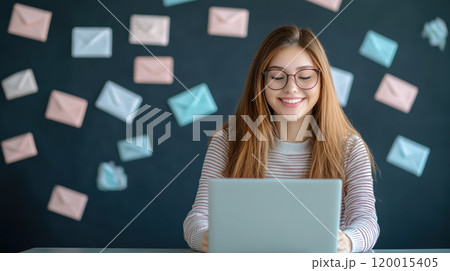 Smiling young woman working online on laptop with colorful envelopes in background, conveying sense of productivity and creativity. Smiling young woman working online on laptop with colorful envelopes in background, conveying sense of productivity and creativity. 120015405