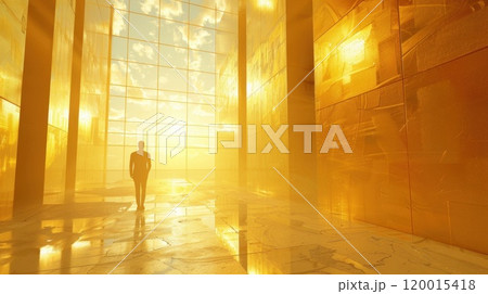 Person Walking into a Golden Cage Symbolizing Wealth Trap 120015418