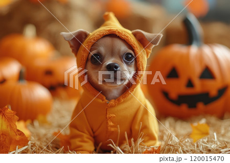 A small dog in cozy orange hoodie sits among pumpkins, exuding playful spirit in festive autumn setting. 120015470