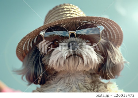 A small dog wearing sunglasses and a straw hat 120015472