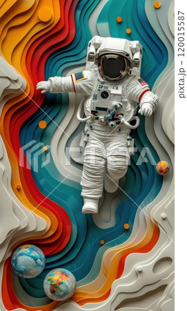 A colorful paper cutout of a man in a spacesuit standing in front of a colorful 120015587