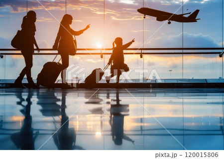 A family of three is walking through an airport with luggage 120015806