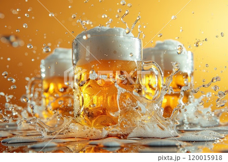 Three glasses of beer are splashing water, creating a fun and playful atmosphere 120015918