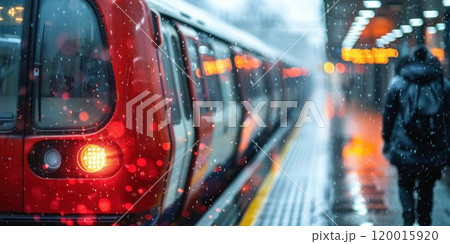 A red train with its doors open and a person walking in the rain 120015920